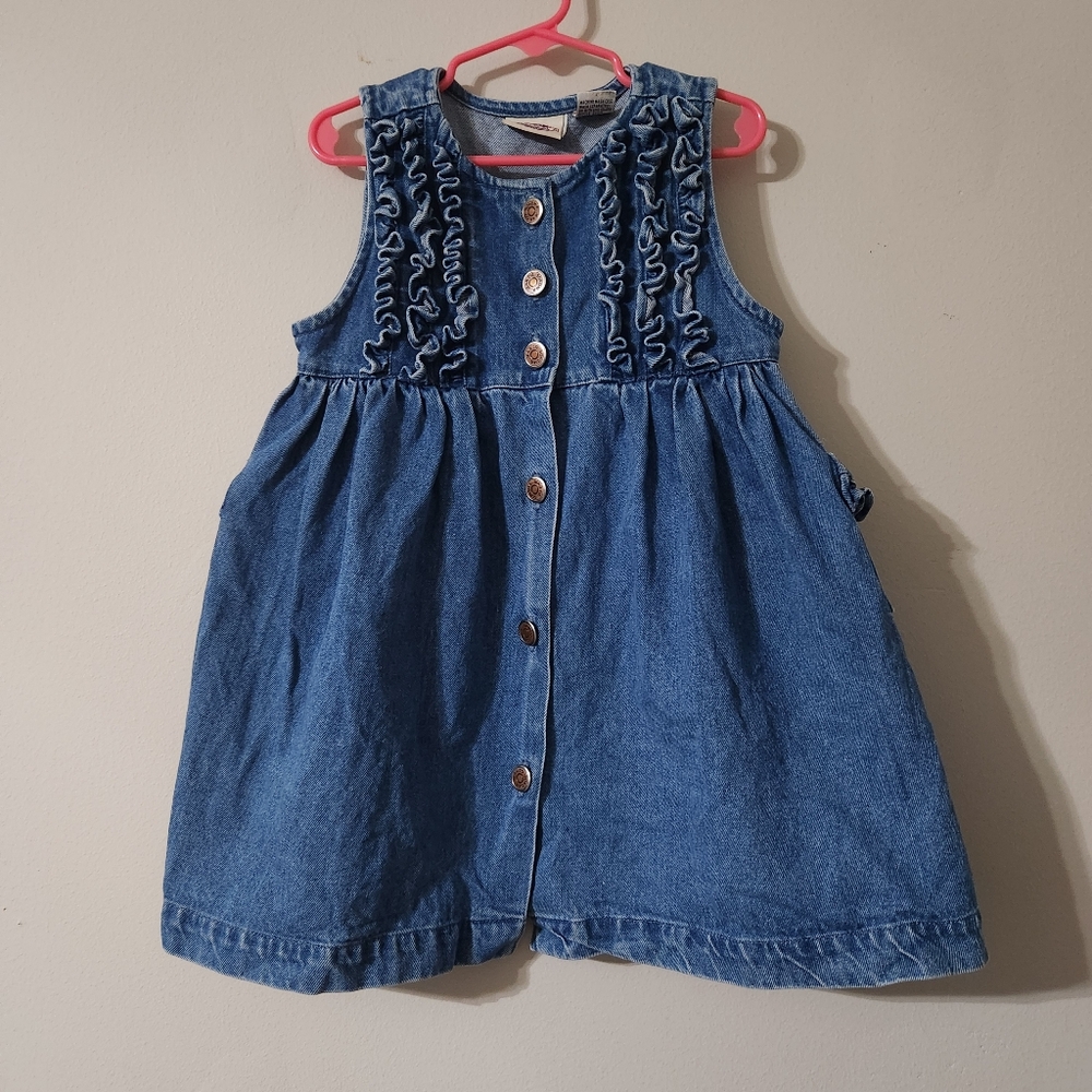 Sonoma Blue Denim Dress Vintage Y2K Toddler Girl 3T Button-Up Pockets Ruffle 90s